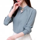 Women Shirt Spring Autumn Loose Stand Collar Shirt Sweet Style Long Sleeve Chiffon Shirt Gray blue 2XL
