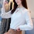 Women Shirt Spring Autumn Loose Stand Collar Shirt Sweet Style Long Sleeve Chiffon Shirt Gray blue XL