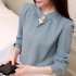 Women Shirt Spring Autumn Loose Stand Collar Shirt Sweet Style Long Sleeve Chiffon Shirt Gray blue 2XL