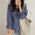 Women Shirt Striped Shirt With Long Sleeves Diagonal Slit Design For Front Piece Lapel Tops Dark blue stripes S
