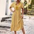 Women Short Sleeve Dress V neck High Waist A line Skirt Elegant Floral Printing Mid length Dress For Party Beach yellow S