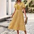 Women Short Sleeve Dress V neck High Waist A line Skirt Elegant Floral Printing Mid length Dress For Party Beach yellow S