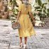 Women Short Sleeve Dress V neck High Waist A line Skirt Elegant Floral Printing Mid length Dress For Party Beach yellow S