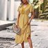 Women Short Sleeve Dress V neck High Waist A line Skirt Elegant Floral Printing Mid length Dress For Party Beach yellow S