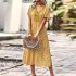 Women Short Sleeve Dress V neck High Waist A line Skirt Elegant Floral Printing Mid length Dress For Party Beach yellow XL