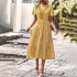 Women Short Sleeve Dress V neck High Waist A line Skirt Elegant Floral Printing Mid length Dress For Party Beach yellow XL