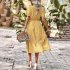 Women Short Sleeve Dress V neck High Waist A line Skirt Elegant Floral Printing Mid length Dress For Party Beach yellow XL