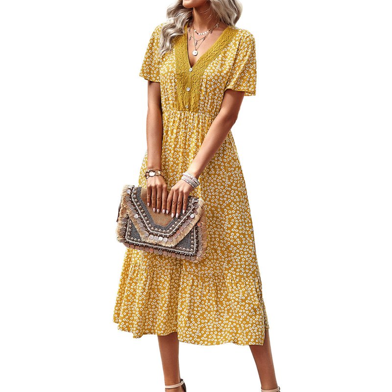 Women Short Sleeve Dress V-neck High Waist A-line Skirt Elegant Floral Printing Mid-length Dress