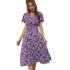 Women Short Sleeve Dress Elegant V neck Ruffled Sleeve A line Skirt Floral Printing Mid length Dress Purple XL