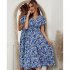 Women Short Sleeve Dress Elegant V neck Ruffled Sleeve A line Skirt Floral Printing Mid length Dress Purple L