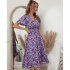 Women Short Sleeve Dress Elegant V neck Ruffled Sleeve A line Skirt Floral Printing Mid length Dress Purple XL