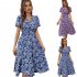 Women Short Sleeve Dress Elegant V neck Ruffled Sleeve A line Skirt Floral Printing Mid length Dress red S