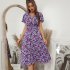 Women Short Sleeve Dress Elegant V neck Ruffled Sleeve A line Skirt Floral Printing Mid length Dress red S