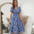 Women Short Sleeve Dress Elegant V neck Ruffled Sleeve A line Skirt Floral Printing Mid length Dress red S