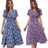 Women Short Sleeve Dress Elegant V neck Ruffled Sleeve A line Skirt Floral Printing Mid length Dress red S