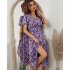 Women Short Sleeve Dress Elegant V neck Ruffled Sleeve A line Skirt Floral Printing Mid length Dress red S