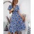 Women Short Sleeve Dress Elegant V neck Ruffled Sleeve A line Skirt Floral Printing Mid length Dress red S