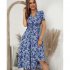 Women Short Sleeve Dress Elegant V neck Ruffled Sleeve A line Skirt Floral Printing Mid length Dress red S