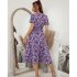 Women Short Sleeve Dress Elegant V neck Ruffled Sleeve A line Skirt Floral Printing Mid length Dress red S