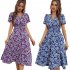 Women Short Sleeve Dress Elegant V neck Ruffled Sleeve A line Skirt Floral Printing Mid length Dress red S