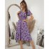Women Short Sleeve Dress Elegant V neck Ruffled Sleeve A line Skirt Floral Printing Mid length Dress red S