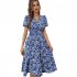 Women Short Sleeve Dress Elegant V neck Ruffled Sleeve A line Skirt Floral Printing Mid length Dress red S