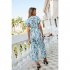 Women Short Sleeve Jumpsuit Summer High Waist Wide Leg Pants Romper Casual Floral Printing Lace up Jumpsuit light grey S