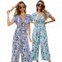 Women Short Sleeve Jumpsuit Summer High Waist Wide Leg Pants Romper Casual Floral Printing Lace up Jumpsuit light grey S