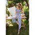 Women Short Sleeve Jumpsuit Summer High Waist Wide Leg Pants Romper Casual Floral Printing Lace up Jumpsuit light grey S