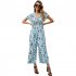 Women Short Sleeve Jumpsuit Summer High Waist Wide Leg Pants Romper Casual Floral Printing Lace up Jumpsuit light grey S