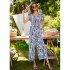 Women Short Sleeve Jumpsuit Summer High Waist Wide Leg Pants Romper Casual Floral Printing Lace up Jumpsuit light grey S