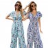 Women Short Sleeve Jumpsuit Summer High Waist Wide Leg Pants Romper Casual Floral Printing Lace up Jumpsuit light grey S