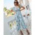 Women Short Sleeve Jumpsuit Summer High Waist Wide Leg Pants Romper Casual Floral Printing Lace up Jumpsuit light grey S