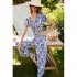 Women Short Sleeve Jumpsuit Summer High Waist Wide Leg Pants Romper Casual Floral Printing Lace up Jumpsuit light grey S