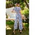 Women Short Sleeve Jumpsuit Summer High Waist Wide Leg Pants Romper Casual Floral Printing Lace up Jumpsuit light grey S