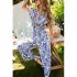 Women Short Sleeve Jumpsuit Summer High Waist Wide Leg Pants Romper Casual Floral Printing Lace up Jumpsuit light grey S