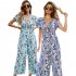 Women Short Sleeve Jumpsuit Summer High Waist Wide Leg Pants Romper Casual Floral Printing Lace up Jumpsuit light grey S