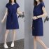 Women Short Sleeve Loose V Collar Lacing Dress for Summer Wear Navy blue XL