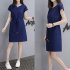 Women Short Sleeve Loose V Collar Lacing Dress for Summer Wear Navy blue L