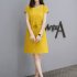 Women Short Sleeve Loose V Collar Lacing Dress for Summer Wear yellow L