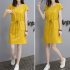 Women Short Sleeve Loose V Collar Lacing Dress for Summer Wear yellow L