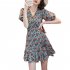 Women Short Sleeve V neck Dress Summer Sweet Floral Printing A line Skirt For Beach Travel As shown M