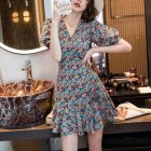 Women Short Sleeve V-neck Dress Summer Sweet Floral Printing A-line Skirt For Beach Travel As shown XL
