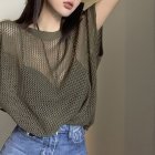 Women Short Sleeved Tops Fashion Sexy Hollow Knitted Blouse Icy Silk Loose Casual T-shirt green one size