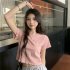 Women Short Sleeves Blouse Trendy Round Neck Sweet Embroidered Ruffled T shirt Sexy Slim Fit Crop Tops fog blue L