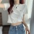Women Short Sleeves Blouse Trendy Round Neck Sweet Embroidered Ruffled T shirt Sexy Slim Fit Crop Tops fog blue L