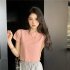 Women Short Sleeves Blouse Trendy Round Neck Sweet Embroidered Ruffled T shirt Sexy Slim Fit Crop Tops fog blue L