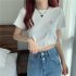 Women Short Sleeves Blouse Trendy Round Neck Sweet Embroidered Ruffled T shirt Sexy Slim Fit Crop Tops fog blue L