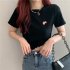 Women Short Sleeves Blouse Trendy Round Neck Sweet Embroidered Ruffled T shirt Sexy Slim Fit Crop Tops fog blue L