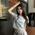 Women Short Sleeves Blouse Trendy Round Neck Sweet Embroidered Ruffled T shirt Sexy Slim Fit Crop Tops fog blue L